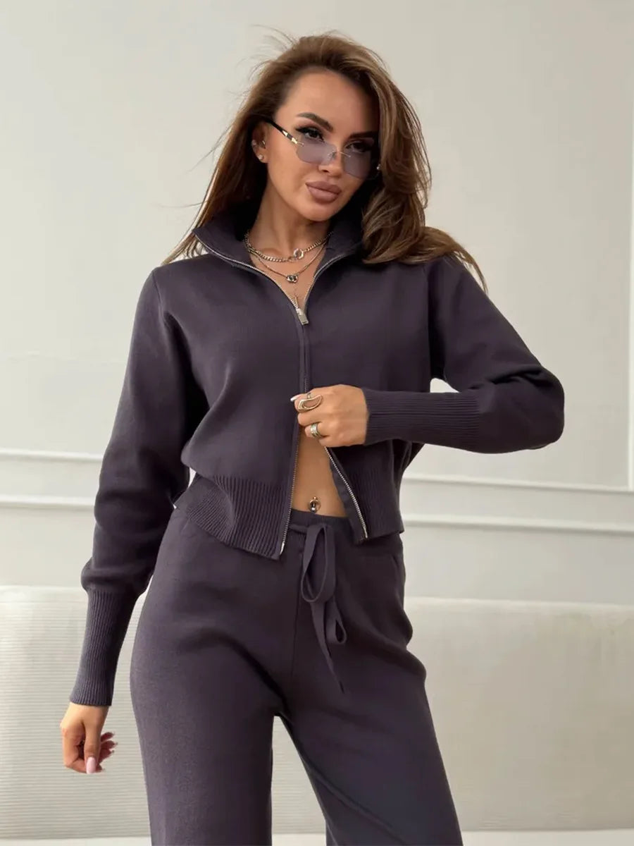 Knit Zip Up Cardigan & Wide Leg Pant Set