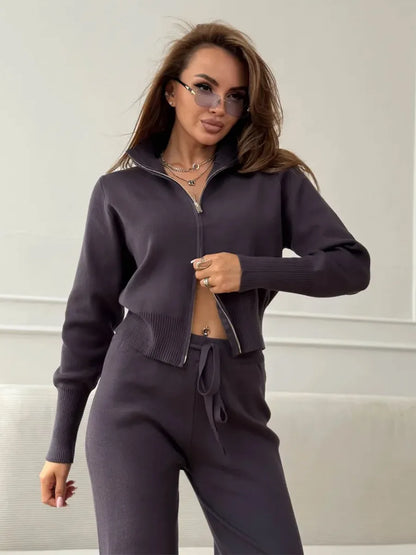 Knit Zip Up Cardigan & Wide Leg Pant Set