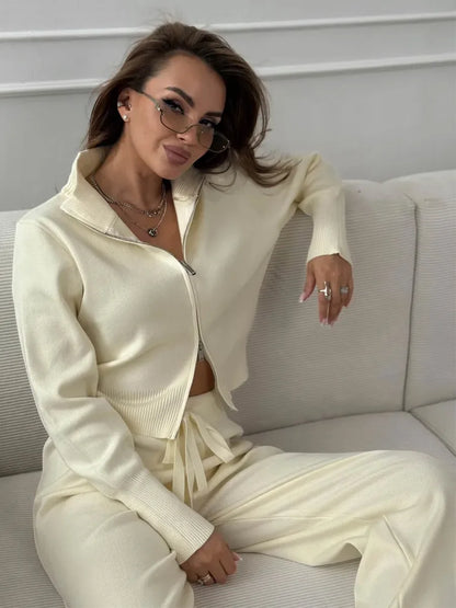 Knit Zip Up Cardigan & Wide Leg Pant Set