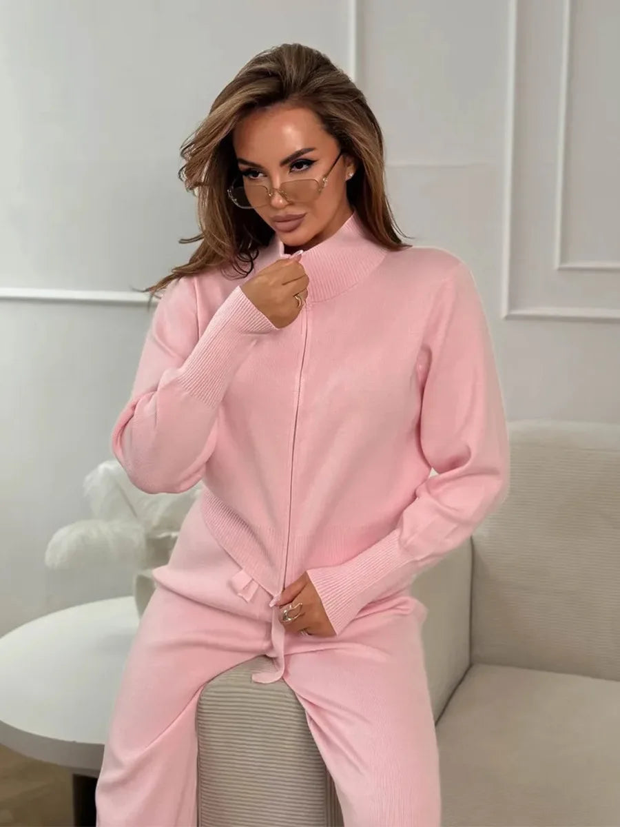 Knit Zip Up Cardigan & Wide Leg Pant Set