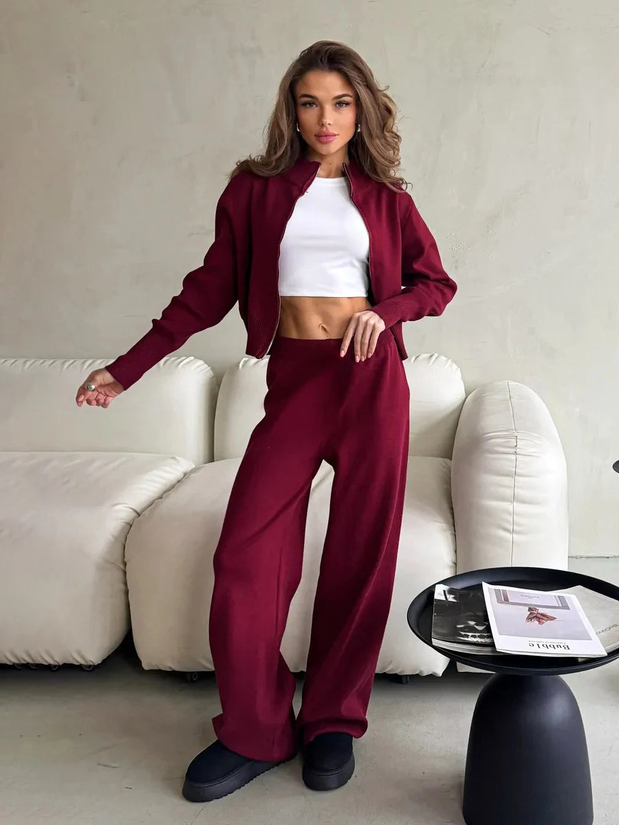 Knit Zip Up Cardigan & Wide Leg Pant Set