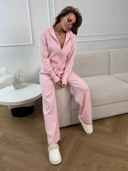 Knit Zip Up Cardigan & Wide Leg Pant Set