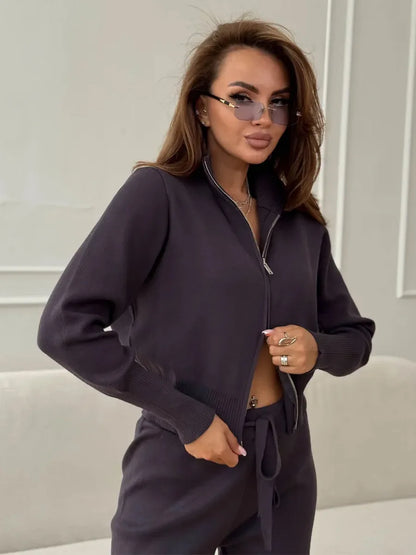 Knit Zip Up Cardigan & Wide Leg Pant Set