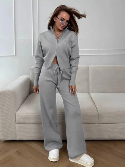 Knit Zip Up Cardigan & Wide Leg Pant Set
