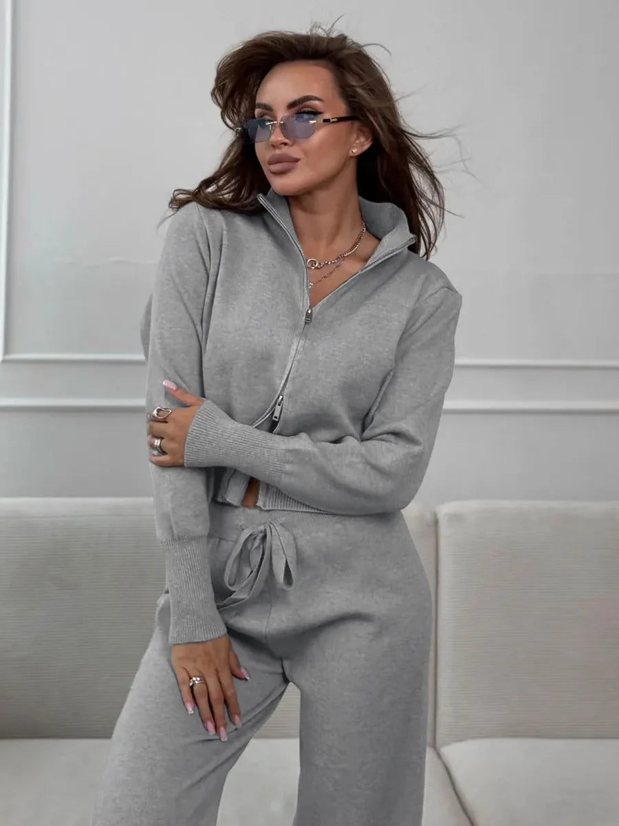 Knit Zip Up Cardigan & Wide Leg Pant Set