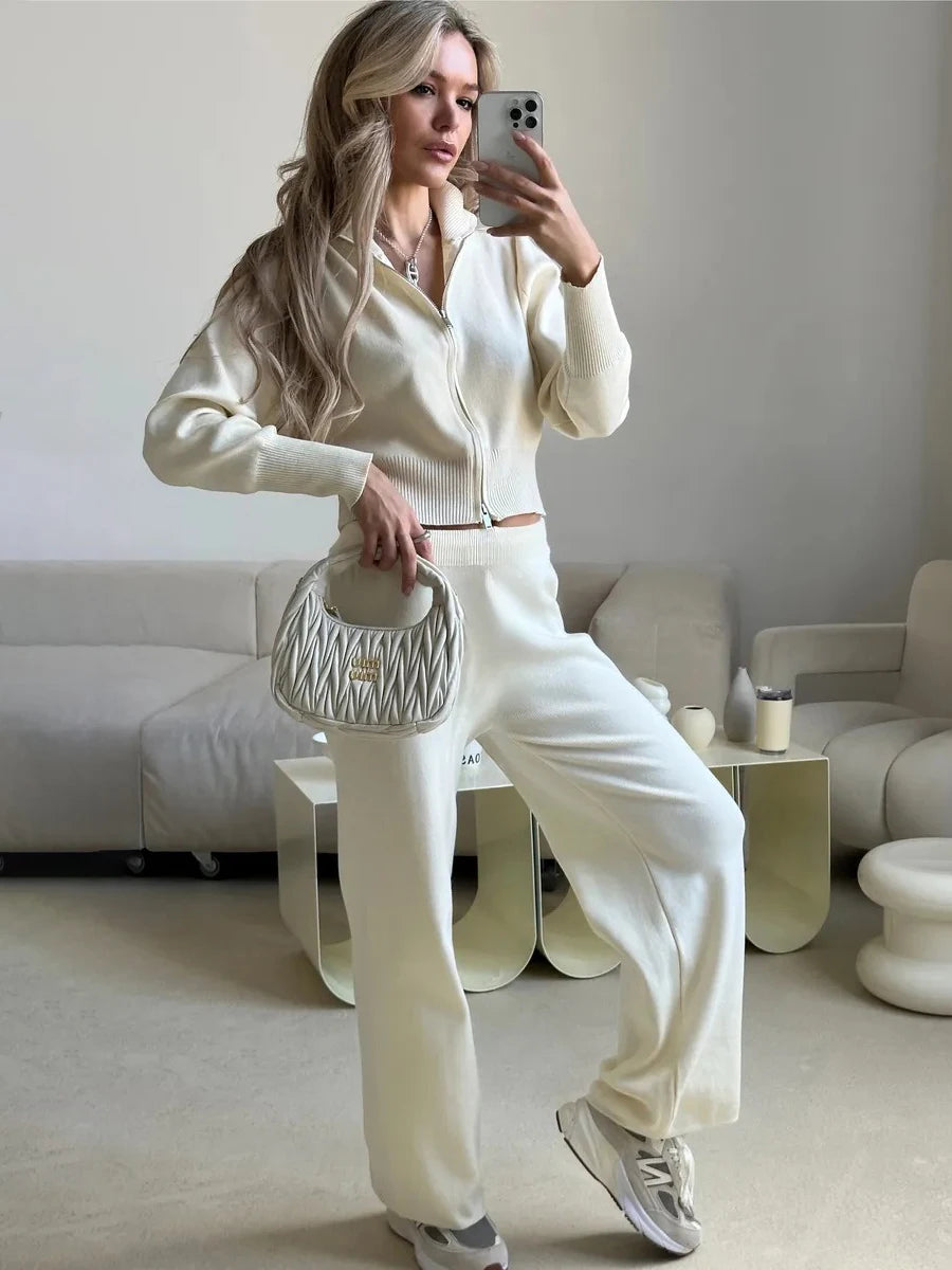 Knit Zip Up Cardigan & Wide Leg Pant Set