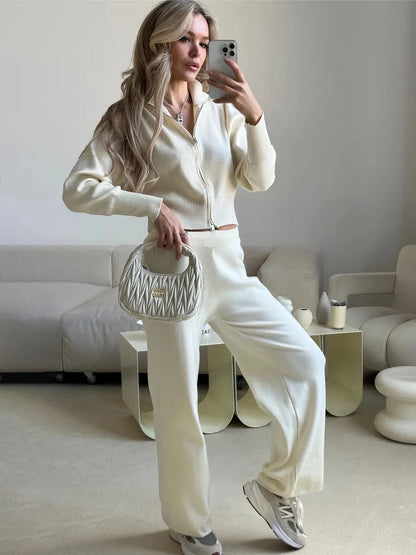 Knit Zip Up Cardigan & Wide Leg Pant Set
